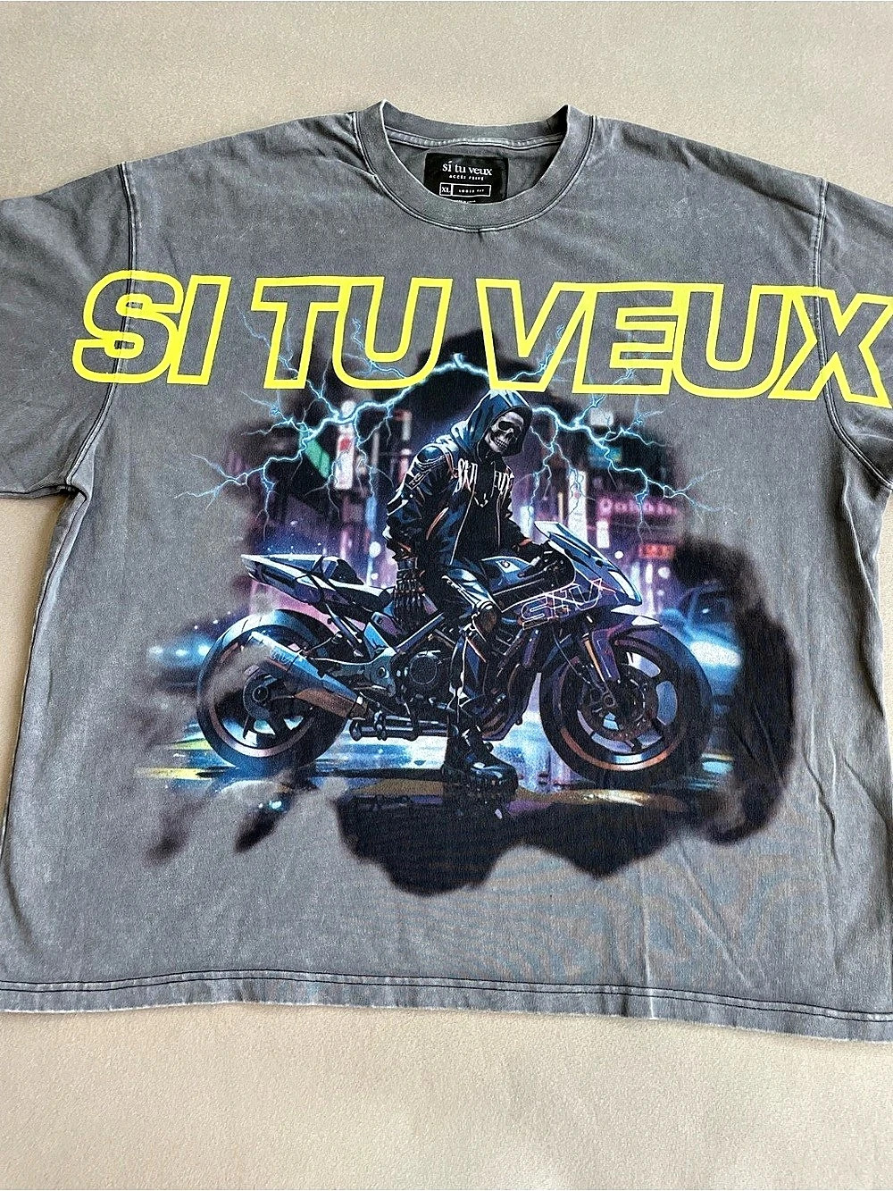 Si Tu Veux Moto Club Graphic T-Shirt Gray & Yellow XL
